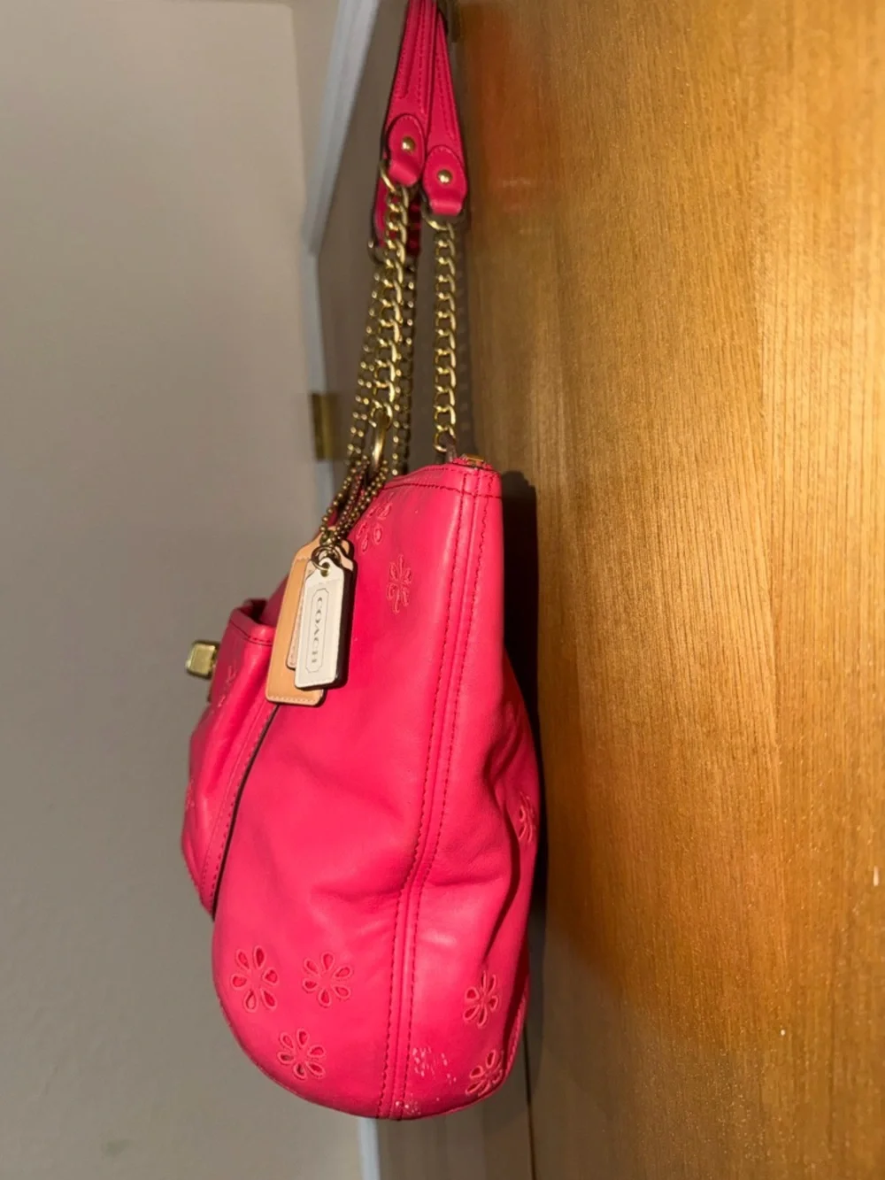 Coach Pink Leather Floral Perforated Chain Shoulder Bag Turnlock - Style 23842 - Picture 15 of 16